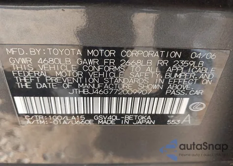 2007 Lexus Es 350 from USA, damaged, VIN JTHBJ46G772009907